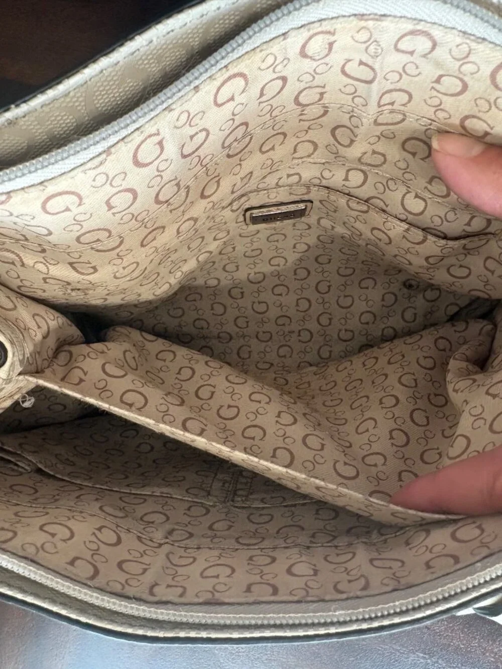 GUESS Beige Monogram Contemporary Classic Satchel Y2K Bag Chic Top Handle Purse